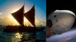 Polynesian boat juxtaposed with a Crew Dragon spacecraft