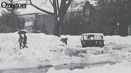 Oregon Quarterly ran this image of "The Big Snow" of January 1969 in the winter 2019 issue, 50 years after the fact. Photo courtesy of Special Collections and University Archives, University of Oregon Libraries