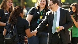 President Schill with students on move-in day