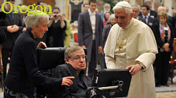 Pope Benedict XVI and physicist Stephen Hawking at a 2008 meeting of the Pontifical Academy of Science; Hawking has been a member since 1986. Photography courtesy AP Photo/L'Osservatore Romano, HO 