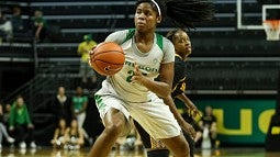 A women's basketball player on the court