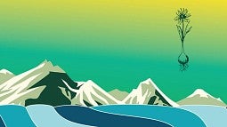 Landscape graphic with mountains and water