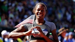 Phyllis Francis throws the O after earning a spot on the US Olympic Team in the 400 meters
