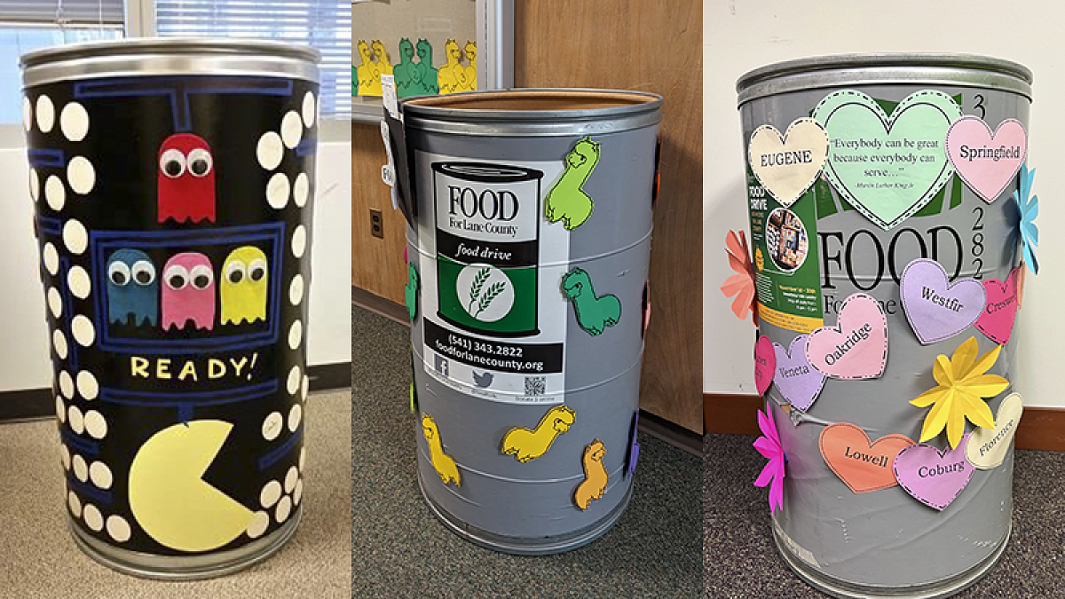 Departmental barrels for shelf stable food donations are a visible symbol of the food drive, and each year department coordinators get creative with their decorations.