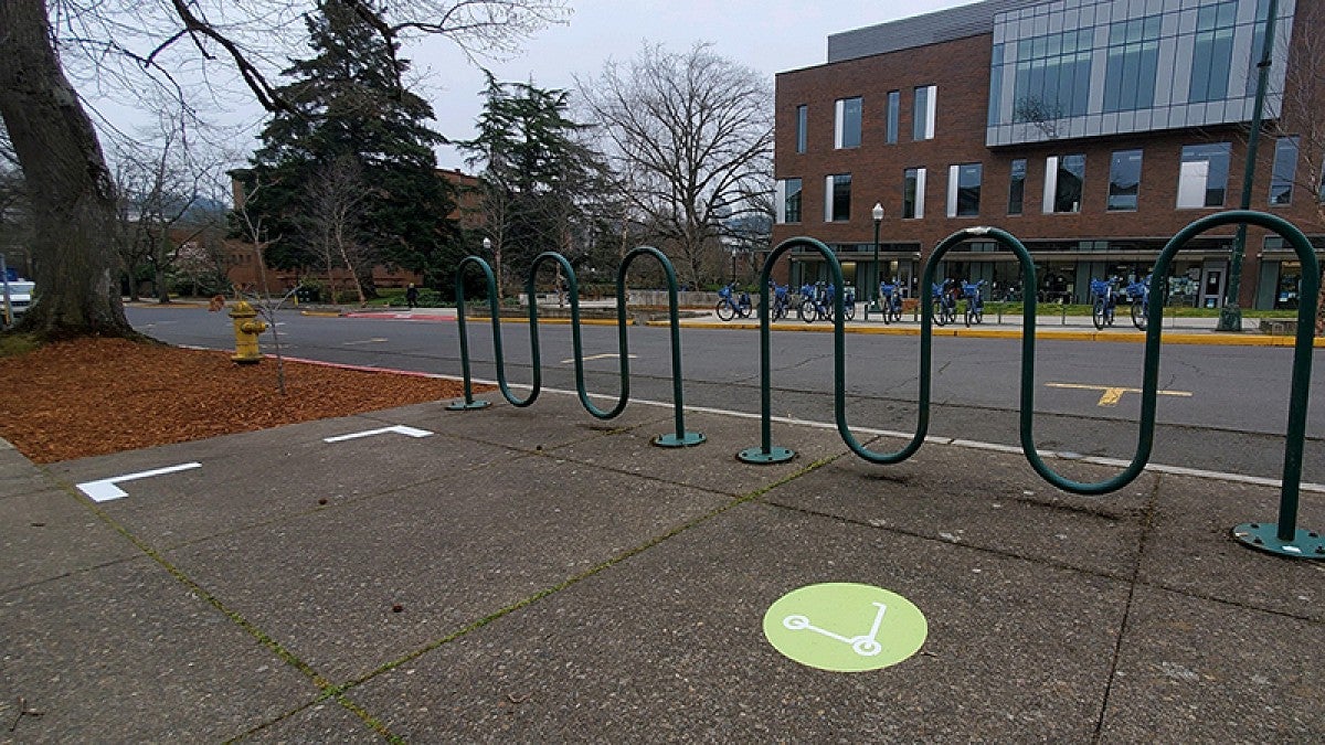 One of the campus parking areas for new e-scooter service