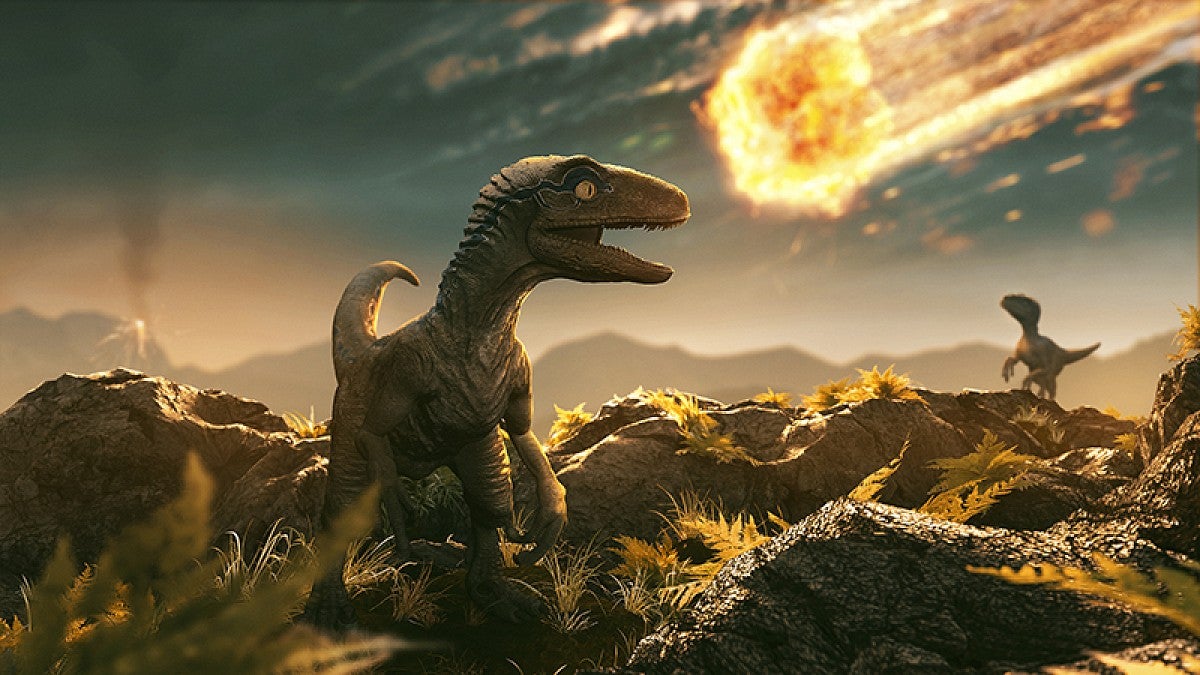 Illustration of dinosaurs and incoming asteroid