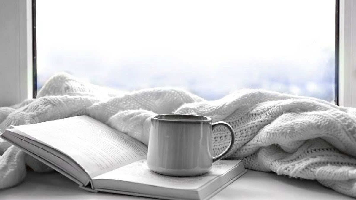 Coffee, book and a blanket in front of window