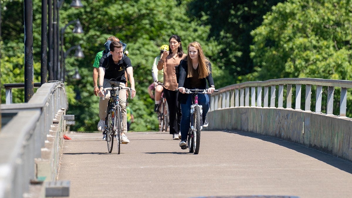 People on bikes crossing a bridge