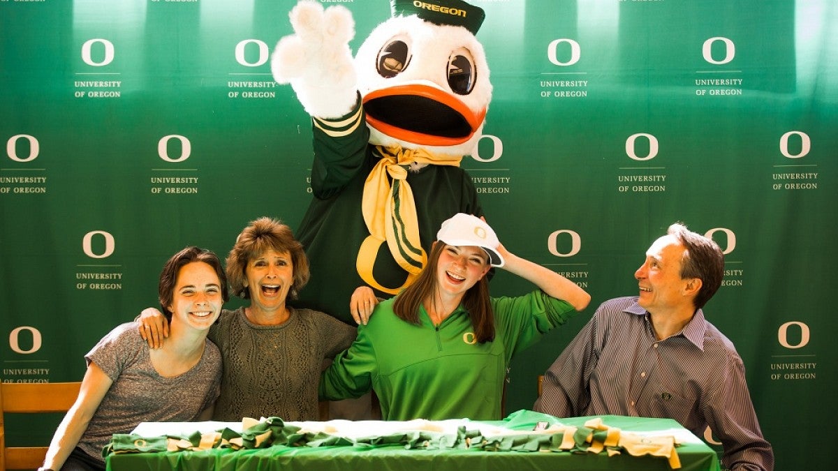 Rennie Kendrick and her family with the Duck on signing day