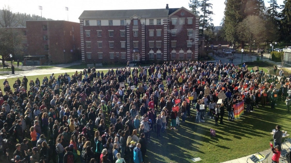 Hundreds of students gathered on the EMU Green for National School Walkout Day