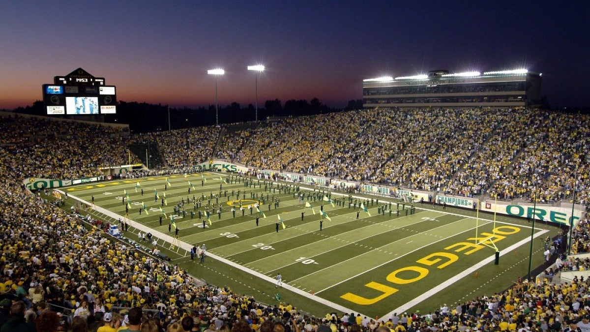 The UO Marching Band performing at Autzen Stadium