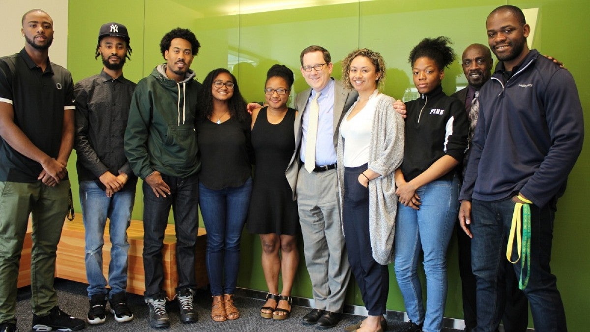 President Schill with members of the Black Student Task Force and interim student life Vice President Kevin Marbury