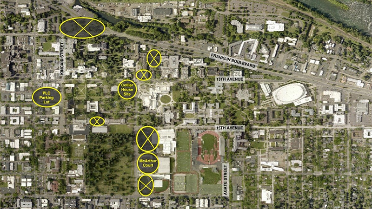 Image shows campus map with three possible sites for locating the new building