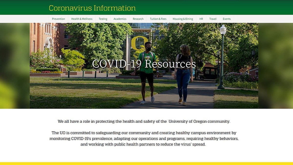 Homepage view of UO's coronavirus website