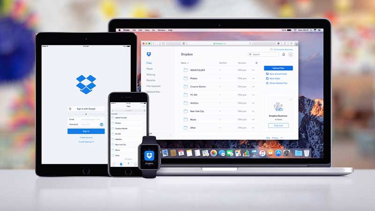 Phone, tablet and laptop open to Dropbox