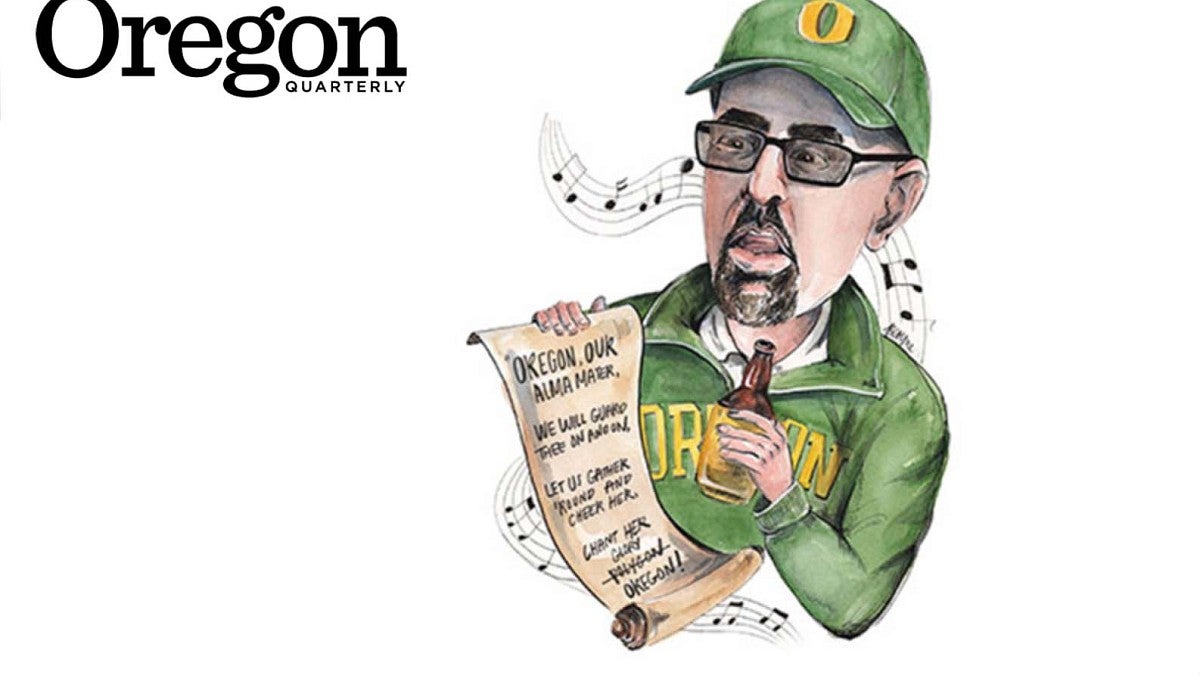 Caricature of UOAA's Raphe Beck holding a beer and papyrus lyrics to Mighty Oregon