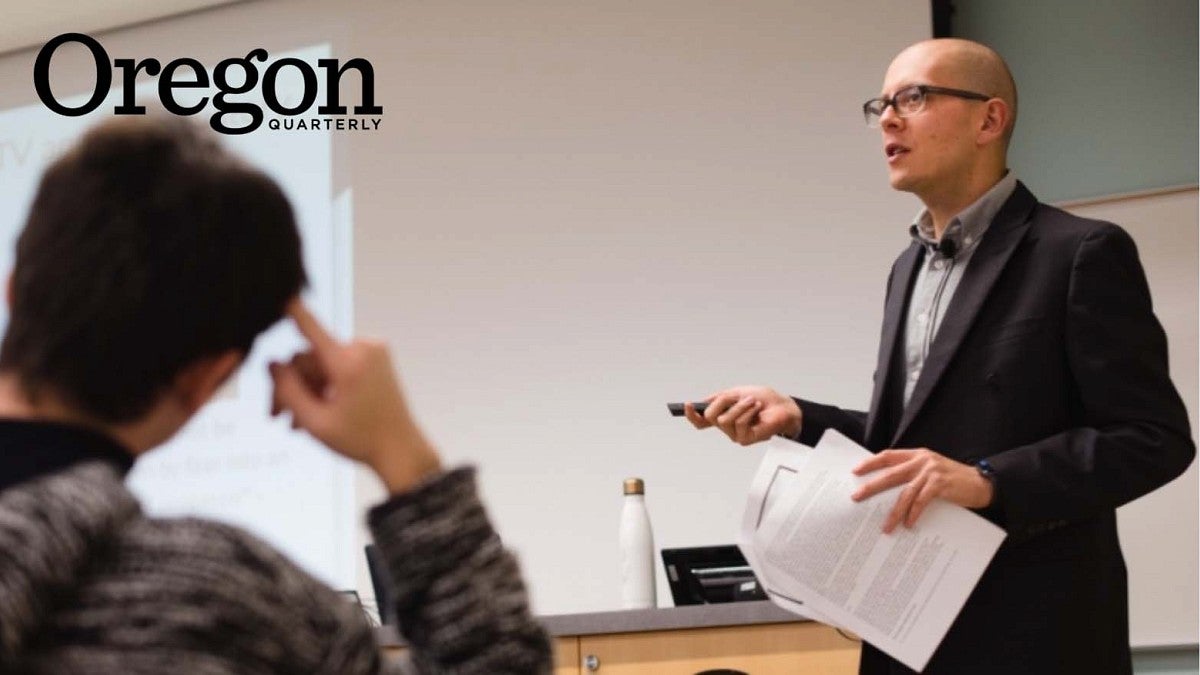 Max Foxman teaching in the School of Journalism and Communication (credit: Cheyenne Thorpe, BS ’19 (journalism))
