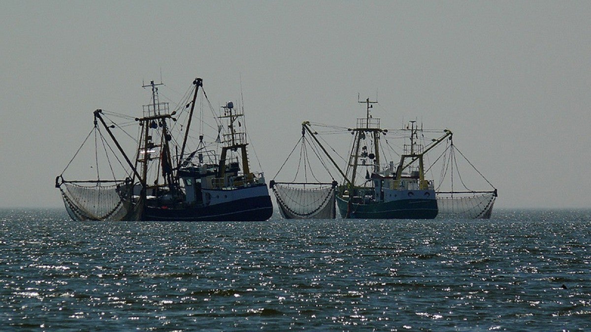Commercial fishing trawlers side by side in the ocean