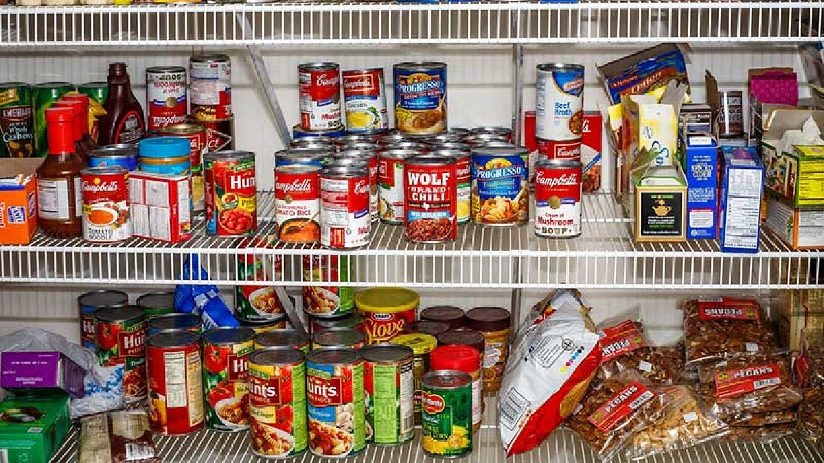 Canned food on shelves