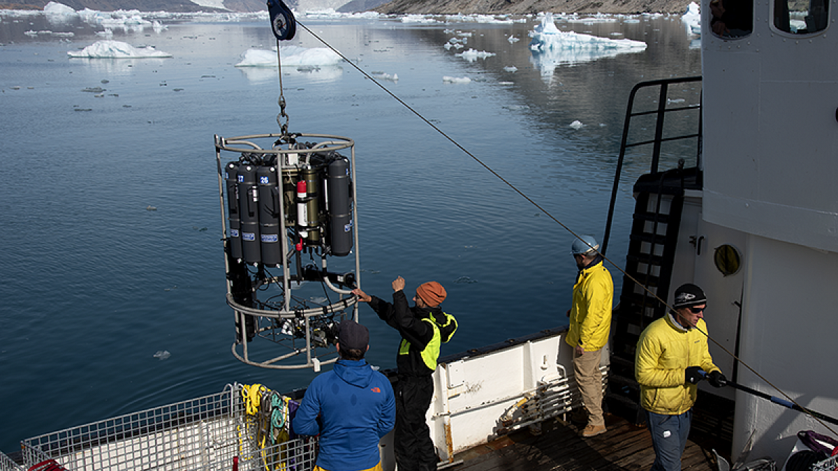 Lowering research equipment into a fjord