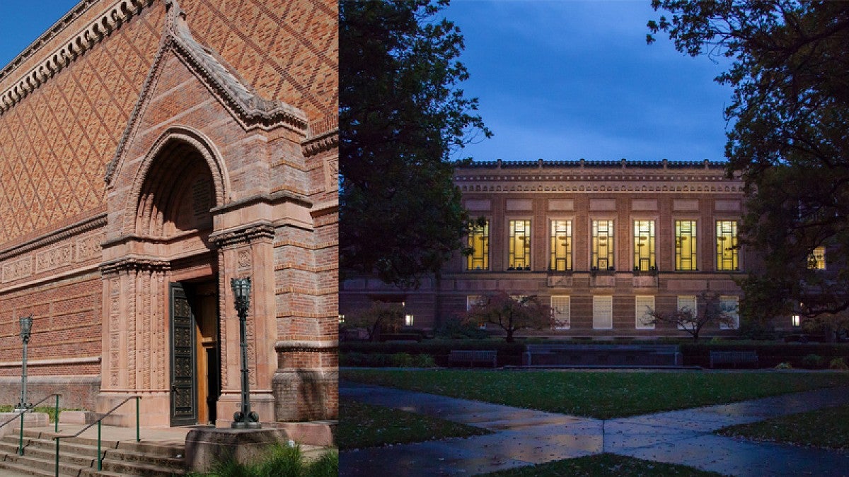 Split screen image of library and art museum