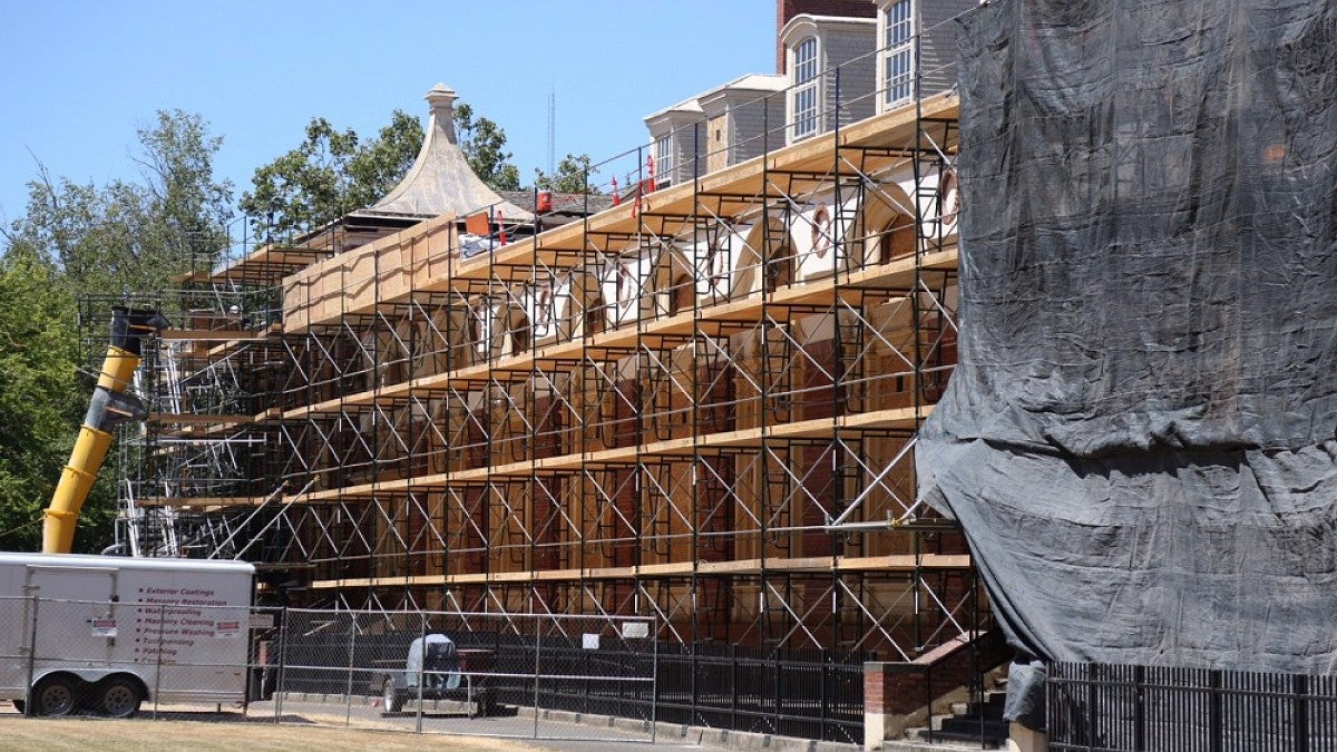 Scaffolding surrounds Gerlinger Hall during exterior renovations