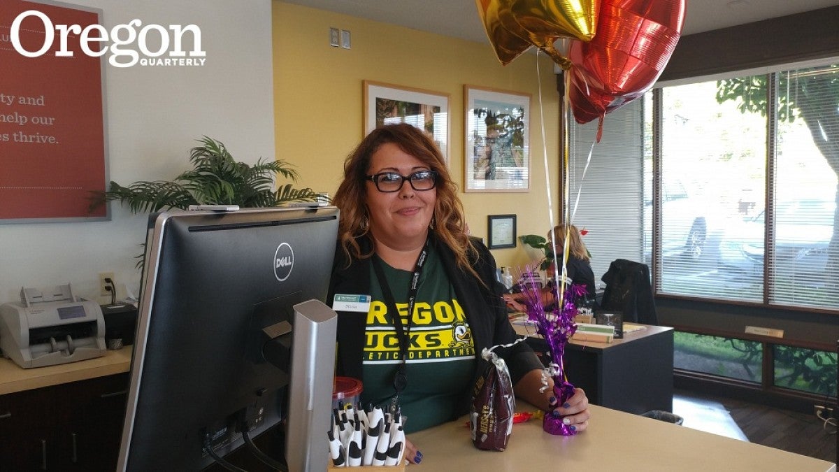 Nina Kerkebane on her last day at work as a loan officer for Northwest Community Credit Union.