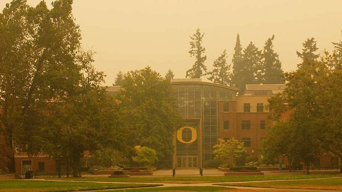 The Lillis Business Complex in a thick layer of wildfire smoke