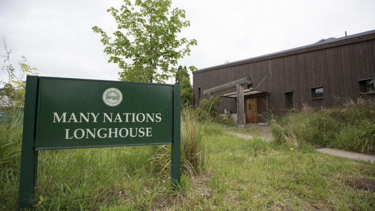 Exterior and sign at Many Nations Longhouse