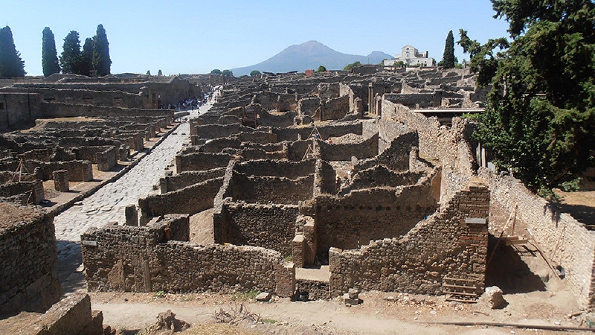 The ruins of Pompeii, with Mount Vesuvius in the background