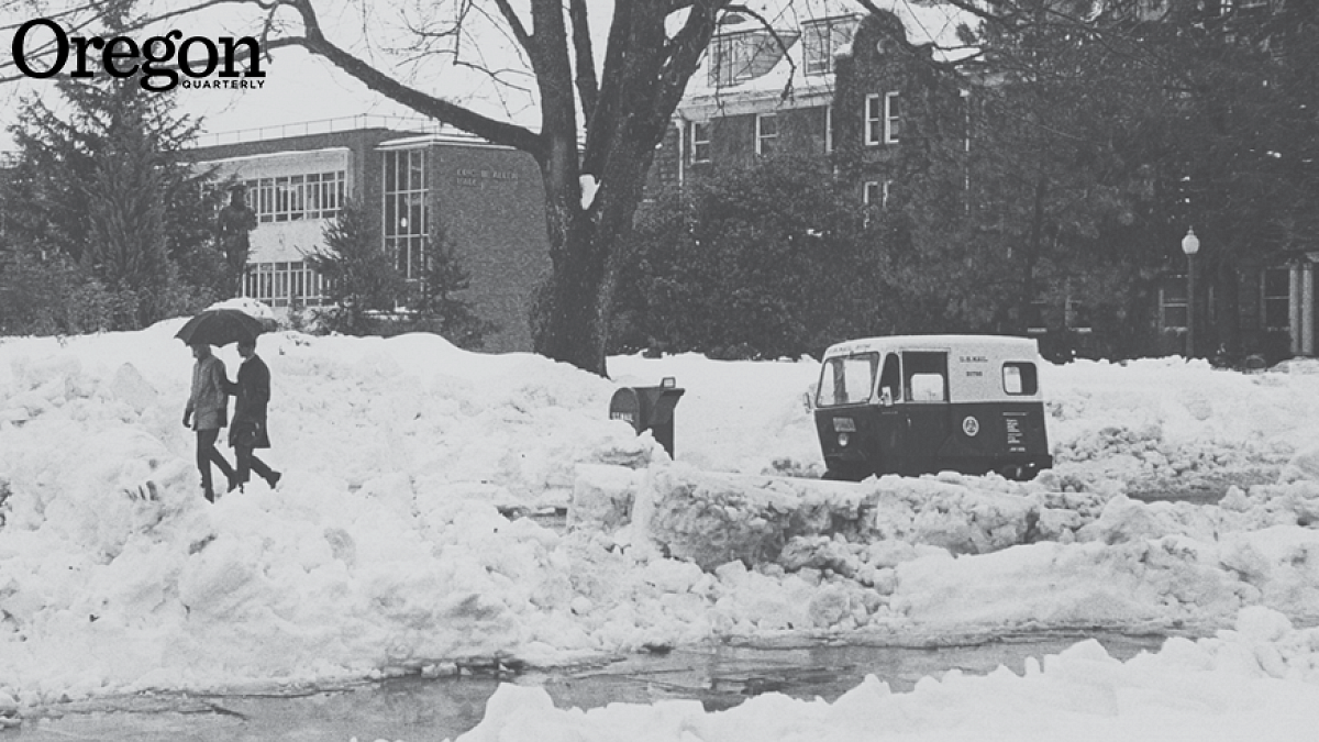 Oregon Quarterly ran this image of "The Big Snow" of January 1969 in the winter 2019 issue, 50 years after the fact. Photo courtesy of Special Collections and University Archives, University of Oregon Libraries