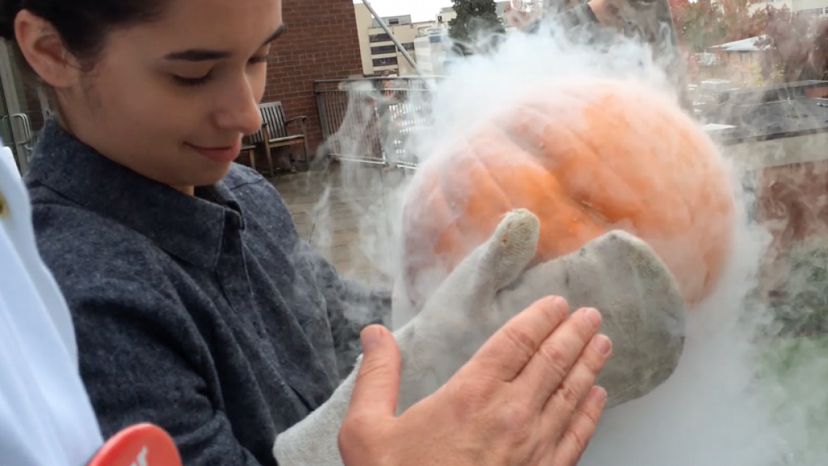 A chemistry students tosses a frozen pumpkin off Lillis in the name of science.