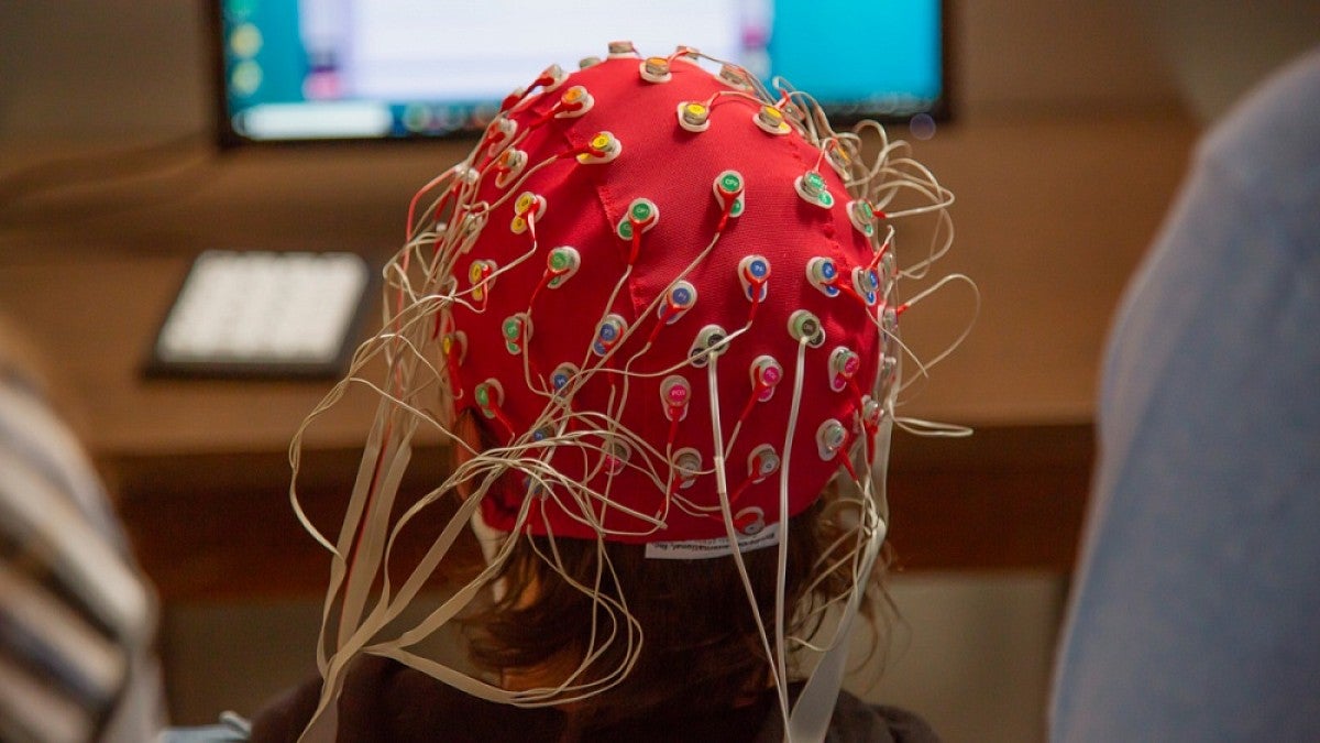 Test subject wearing sensor headnet