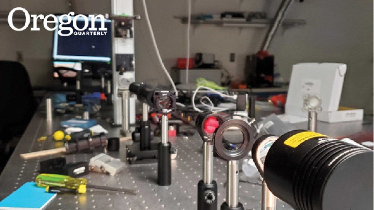 Madi Scott's research setup features a set of microscopes of different sizes 