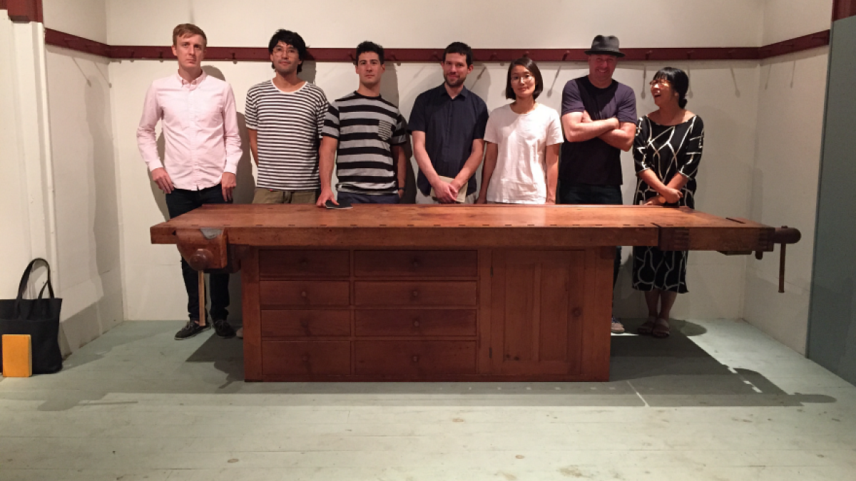 Standing in front of a Shaker table are (from left) Chris Specce, Jonah Takagi, Dylan Davis, John Arndt, Wonhee Arndt, Darin Montgomery and Jean Lee. 