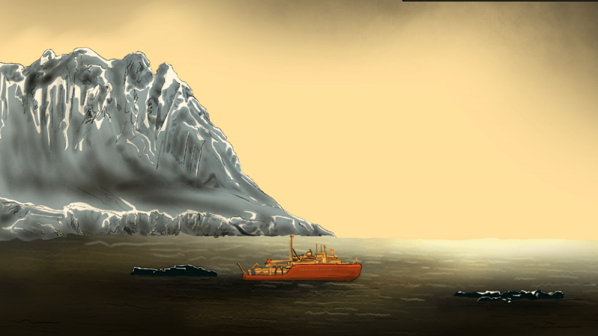 Illustration of a ship passing an iceberg
