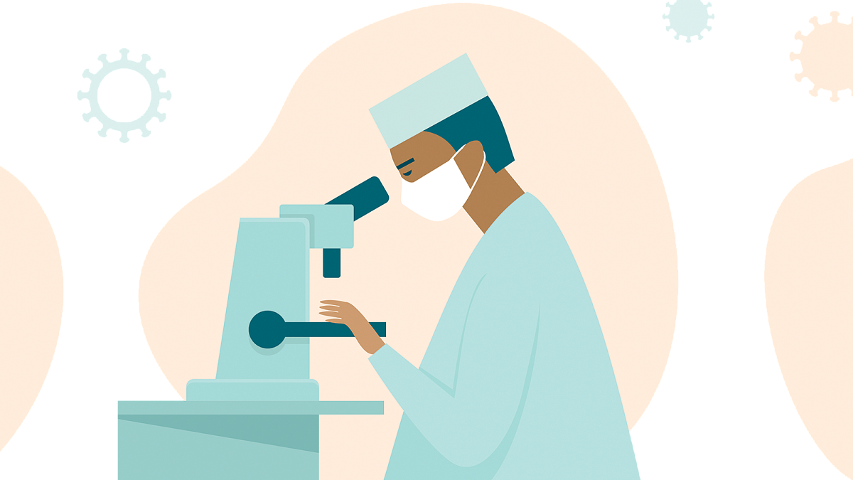 Illustration of lab worker at microscope