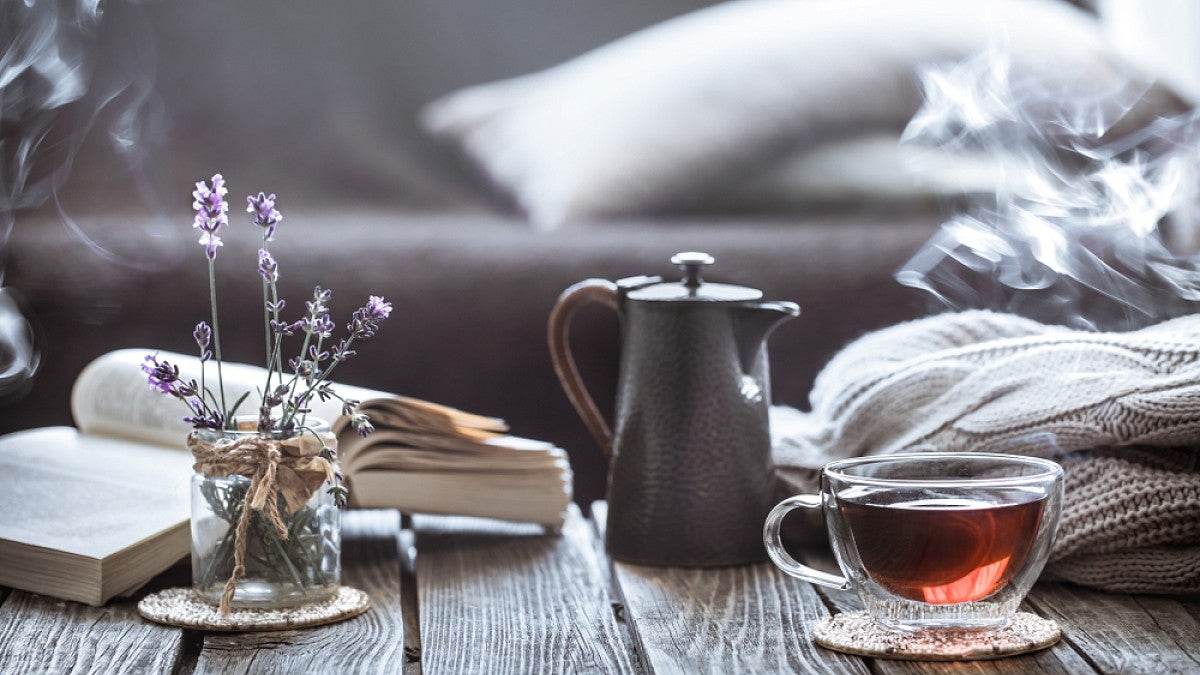 teapot, book, couch stock image