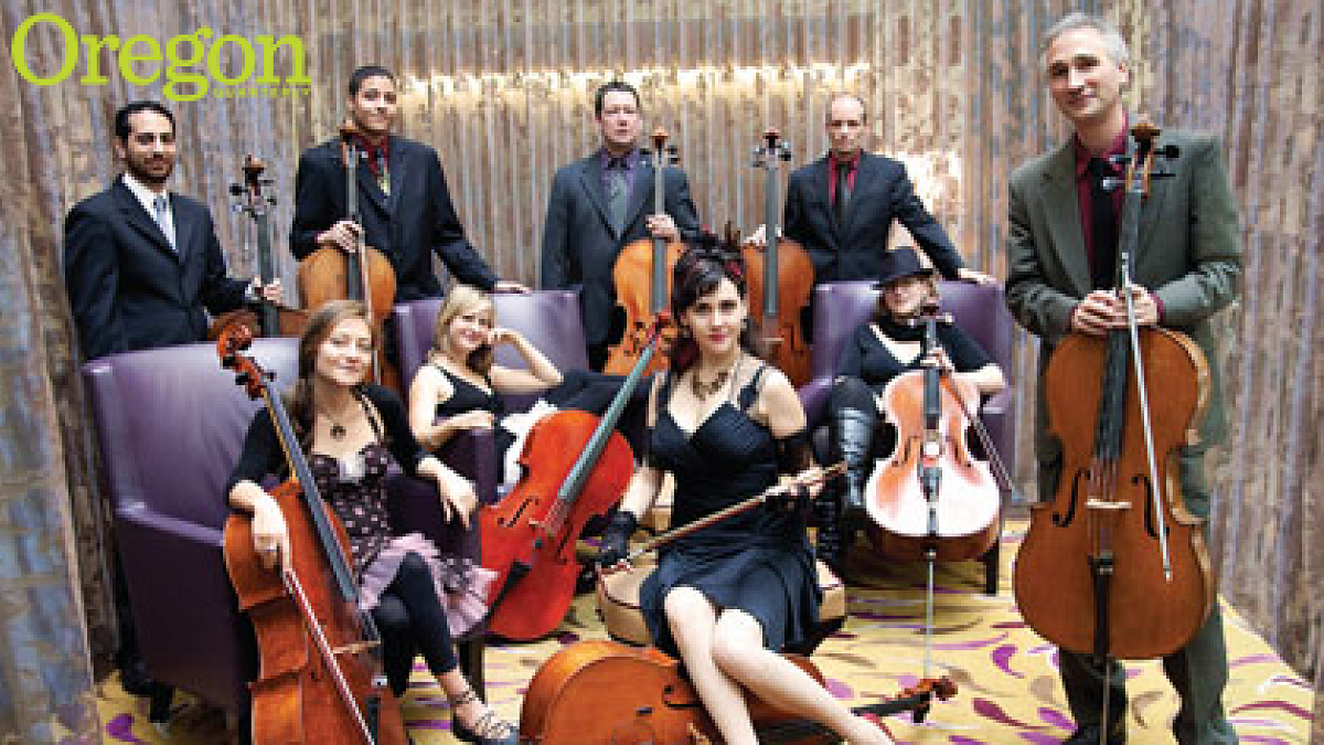 Members of the Portland Cello Project, including Douglas Jenkins (back row, right) Photograph by Tarina Westlund