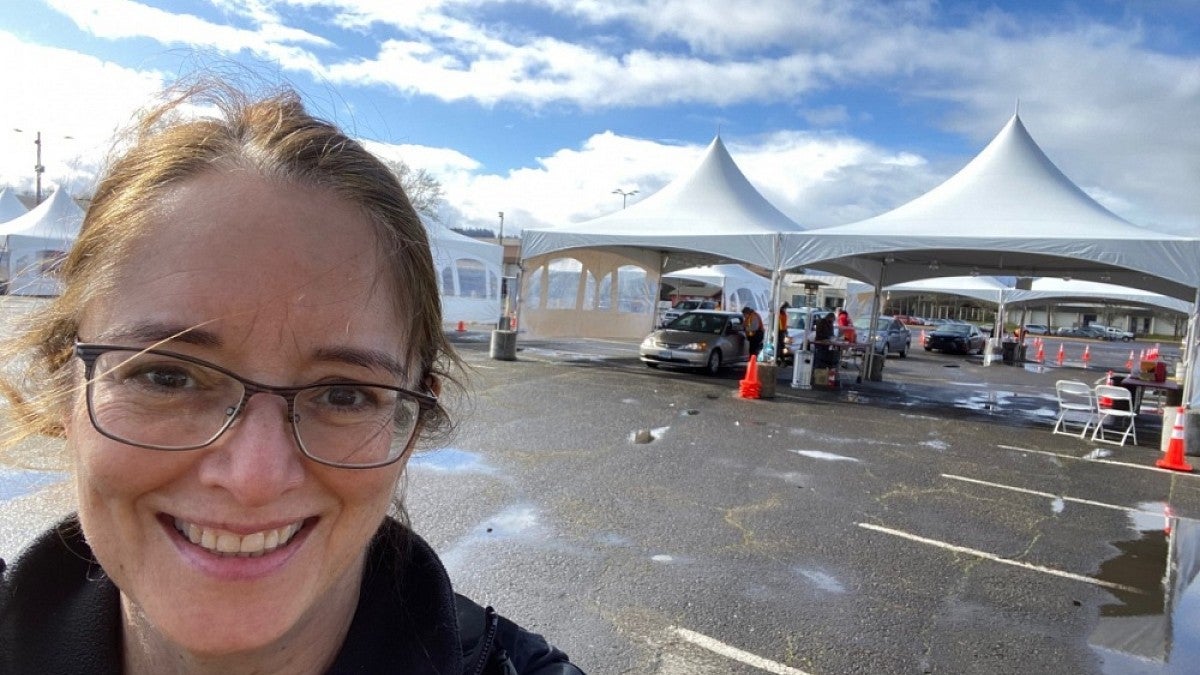 Vicki Strand at a drive-through vaccination clinic for Lane County Public Health