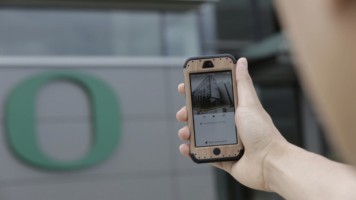 A smartphone snapshot of the new UO self-guided tour app.