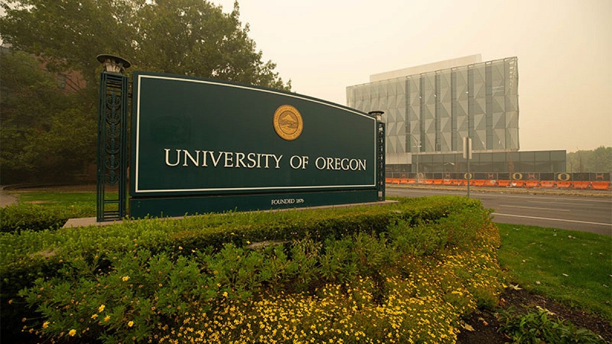 Campus sign in heavy wildfire smoke