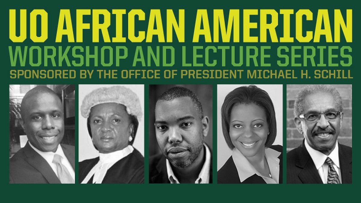 Logo reading African American Workshop and Lecture Series, with photos of speakers
