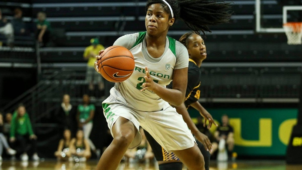 A women's basketball player on the court