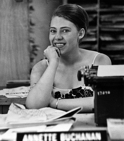 Annette Buchanan, managing editor of the Oregon Daily Emerald, at her desk in June 1966. Photograph courtesy The Oregonian