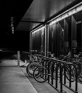 Black and white image of the bike racks at the EMU