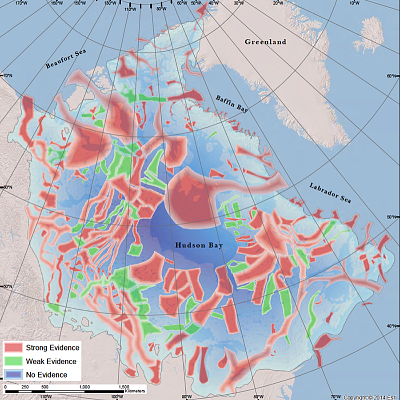 Map shows areas in North America’s Laurentide Ice Sheet where there is strong evidence for glacial sliding