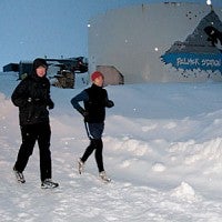 John Postlethwait (left) and Paul Quienor finished an Antarctic marathon in 2008, running 26.2 miles on Midwinter's Day. Photograph courtesy John Postlethwait